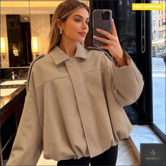 Oversized Faux Suede Bomber Jacket Batwing Sleeves Zip Up Streetwear - Picture 2 of 5